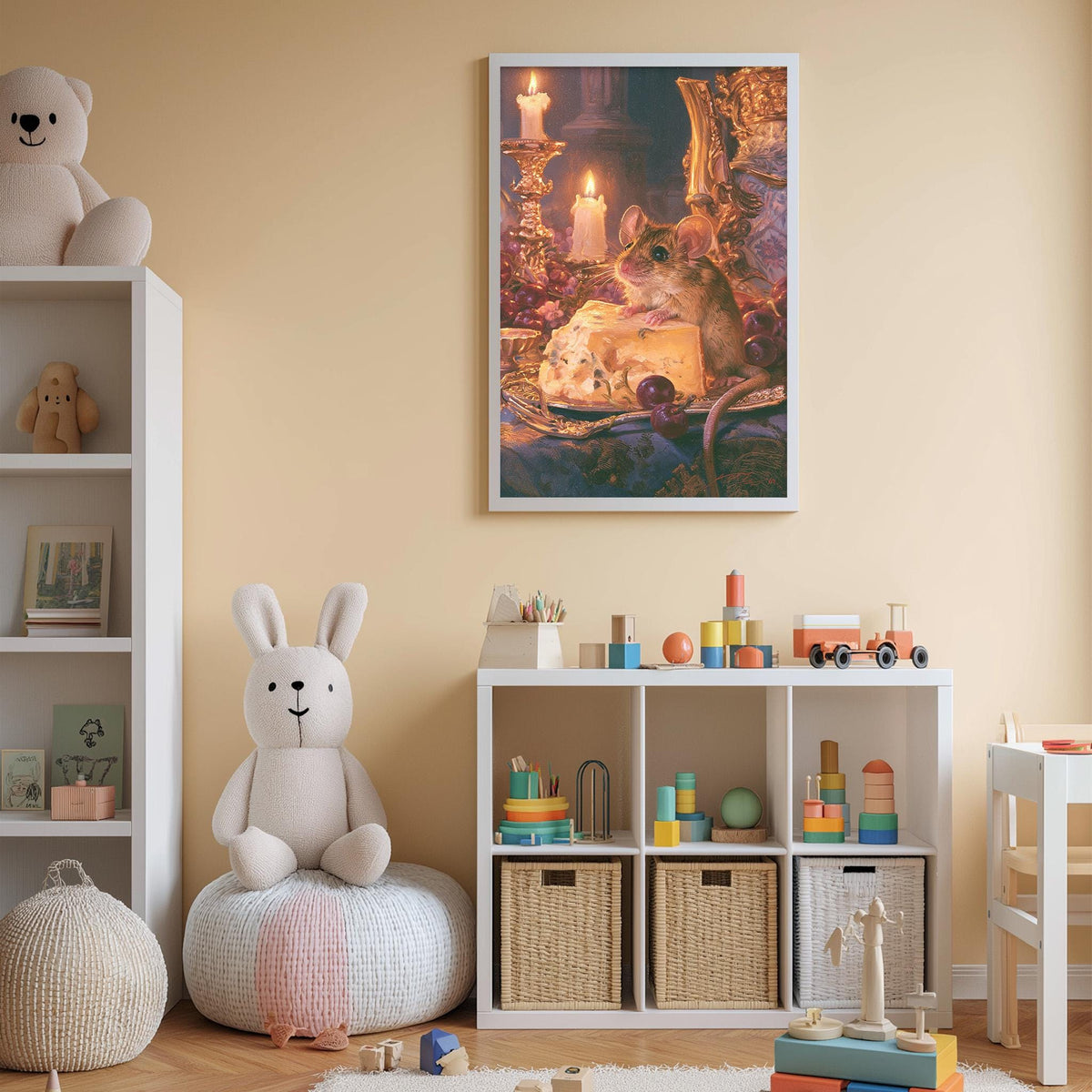 A cozy children's room with a large stuffed rabbit, a bookshelf, and a toy chest filled with toys. A framed picture of a mouse and cheese is hanging on the wall above the toy chest.