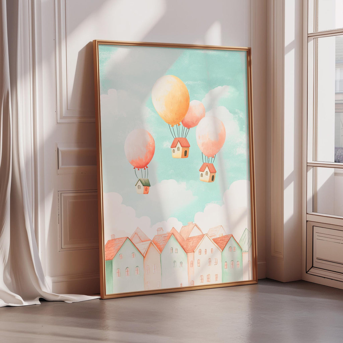 A framed illustration depicting a whimsical scene of houses floating in the sky, with three hot air balloons carrying the houses.