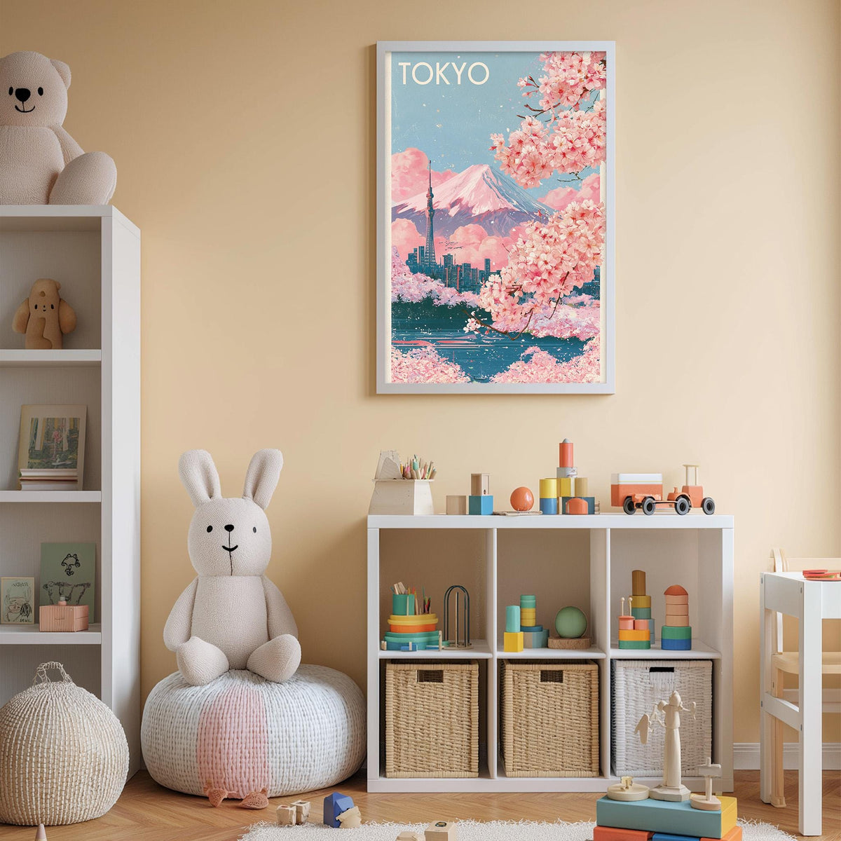 A child's bedroom with a large poster of Tokyo on the wall, a stuffed rabbit, a toy train, and a toy castle.