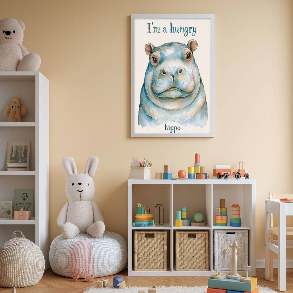 A child's bedroom with a stuffed animal rabbit, a framed poster of a hippopotamus, and a toy shelf filled with various toys.