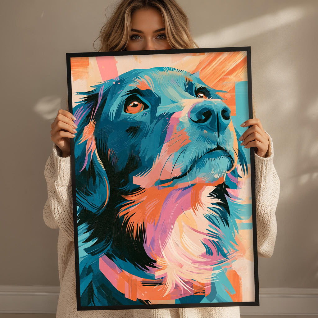 A woman holds up a large, colorful painting of a dog's face, which appears to be a vibrant, abstract representation of a dog's expression.