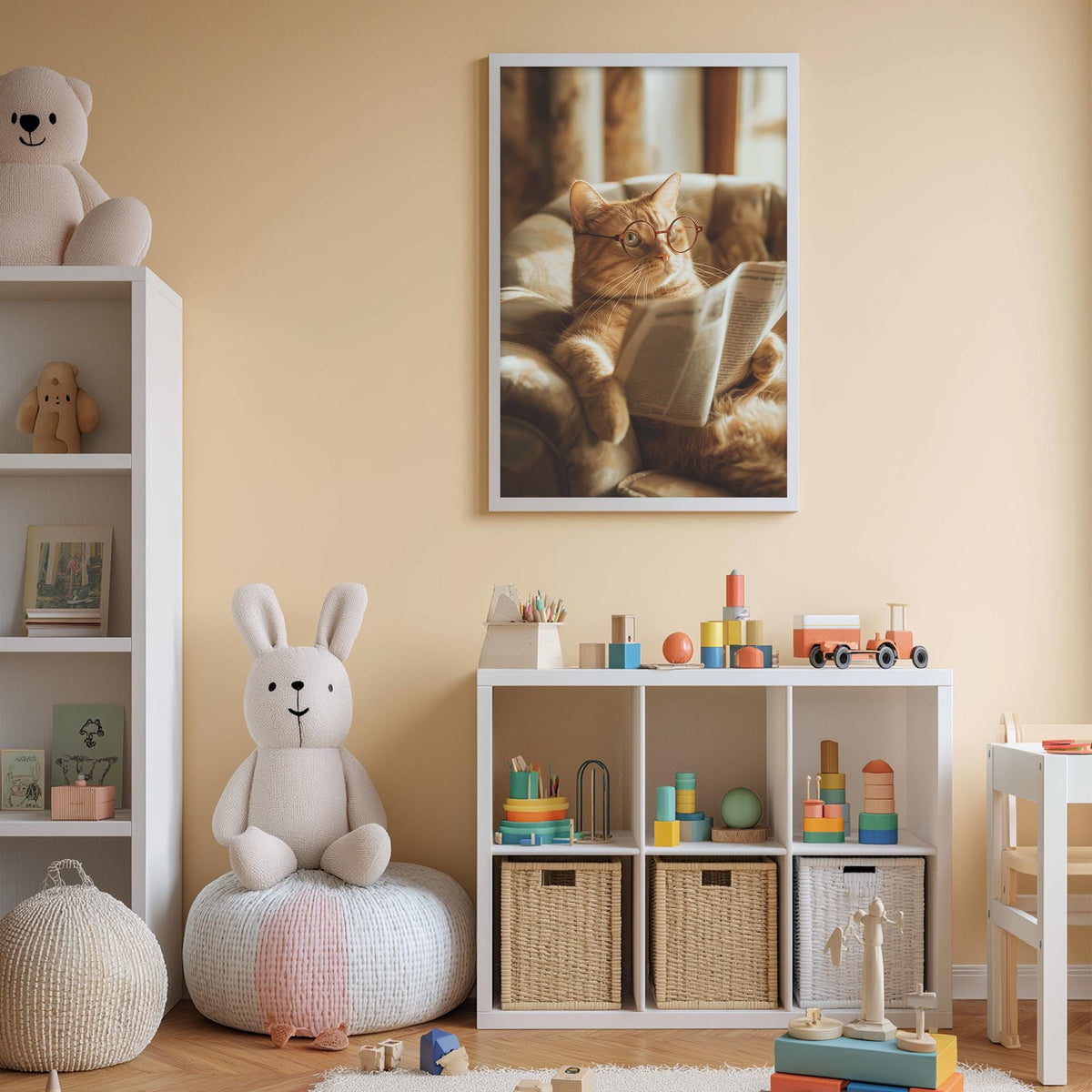 A cozy children's room with a bookshelf, stuffed animals, and a framed picture of a cat reading a book.