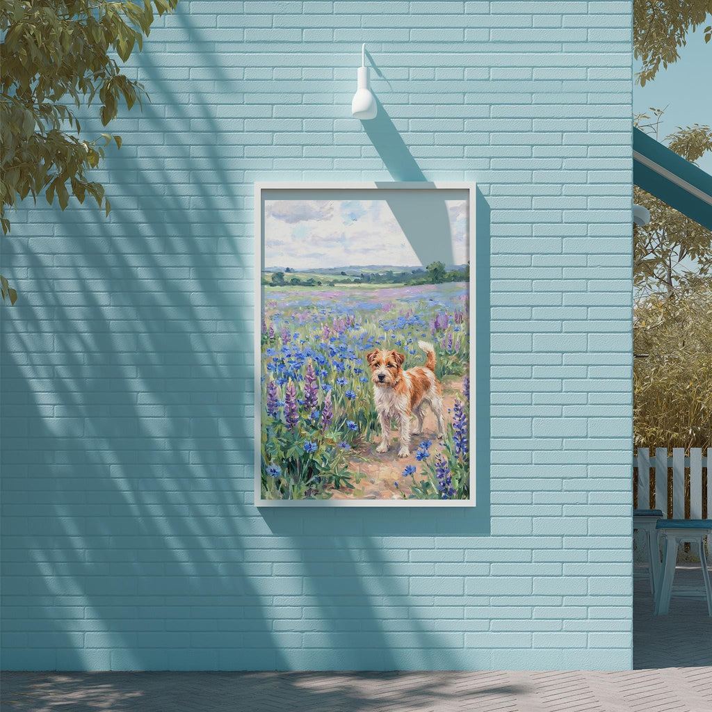 A framed painting of a dog standing in a field of flowers is displayed on a blue brick wall.