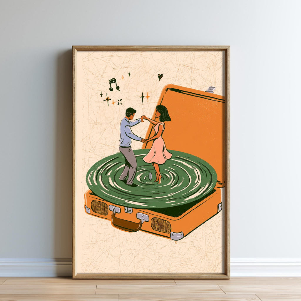 a man and a woman dancing together on a turntable, surrounded by musical notes and symbols.