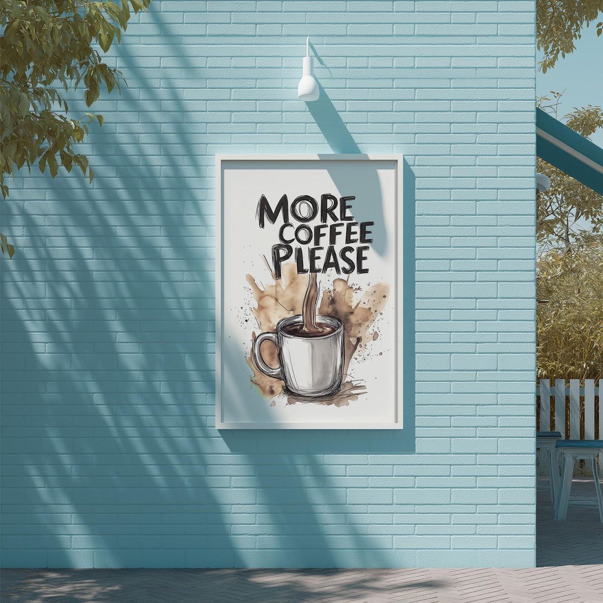a poster with the text "MORE COFFEE PLEASE" and an illustration of a coffee cup with coffee splashes.
