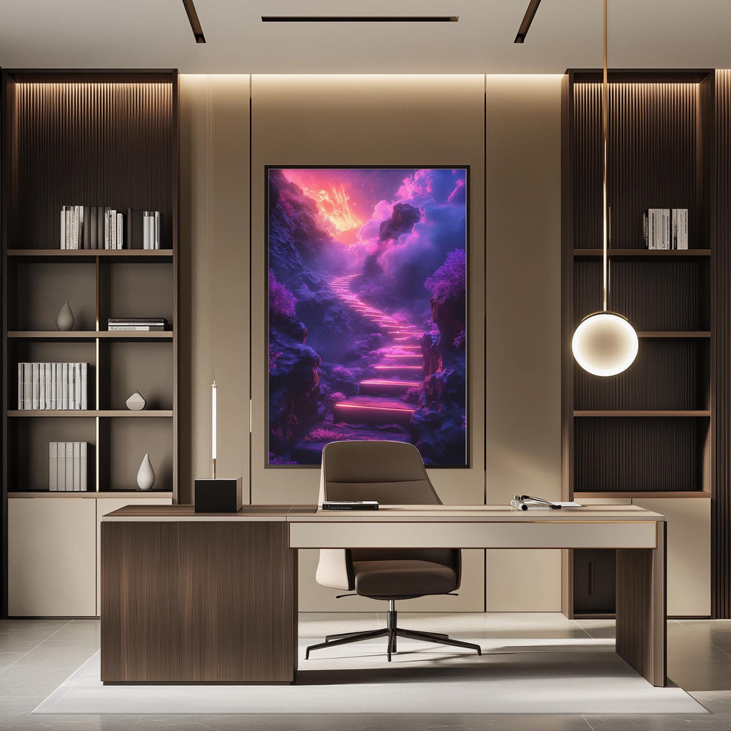 a modern office space with a large, colorful painting of a staircase leading to a fantasy world hanging on the wall. The office has a wooden desk, a comfortable chair, and a bookshelf filled with books. The overall design and decor create a visually appealing and inspiring atmosphere.