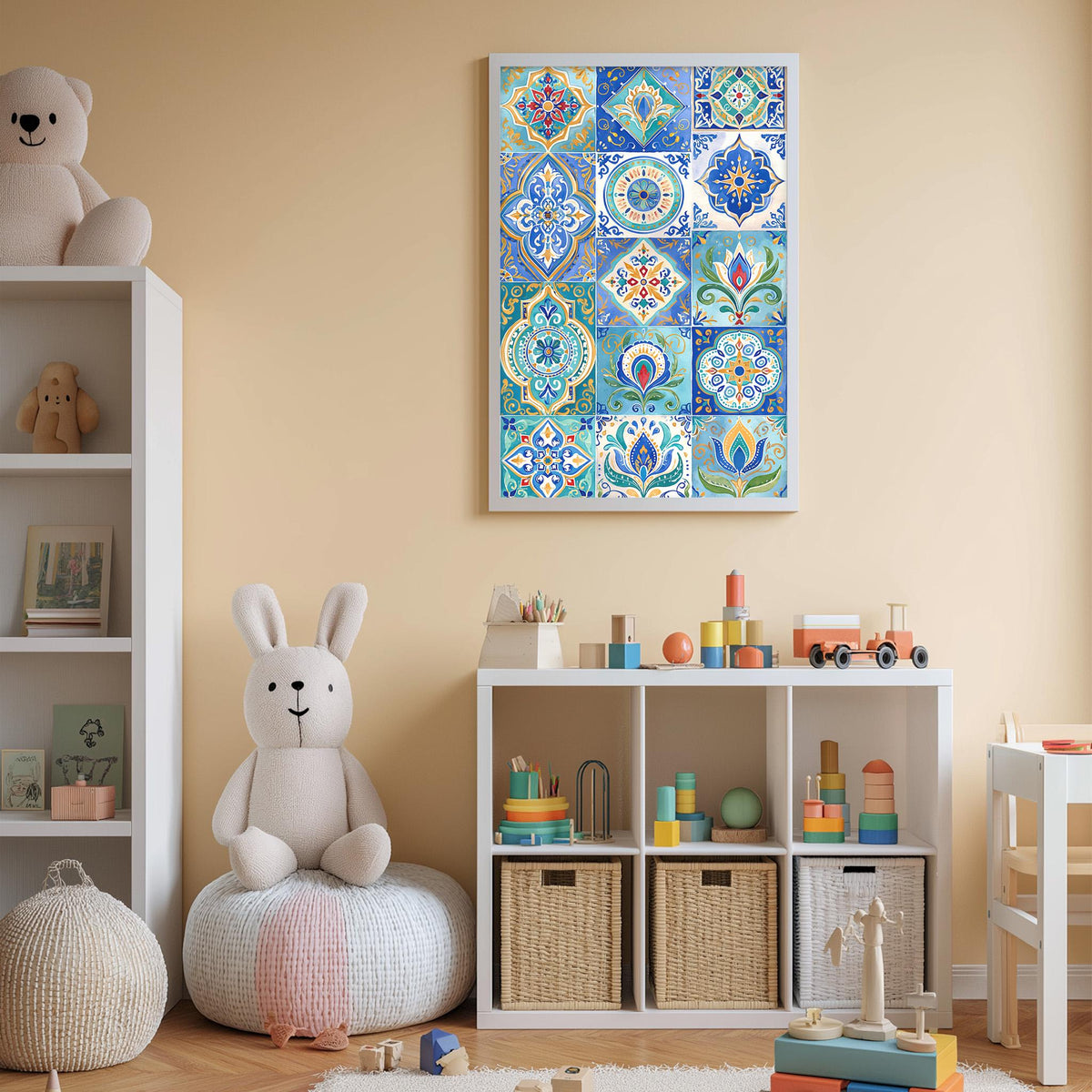 A cozy and colorful children's bedroom with a large teddy bear, a bookshelf, and a storage unit filled with toys and books.