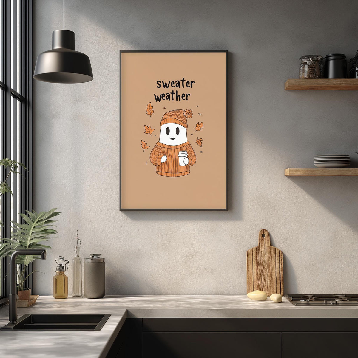 a kitchen counter with various items, including a framed poster with a cartoon character wearing a sweater and holding a cup, a wooden cutting board, and a potted plant.