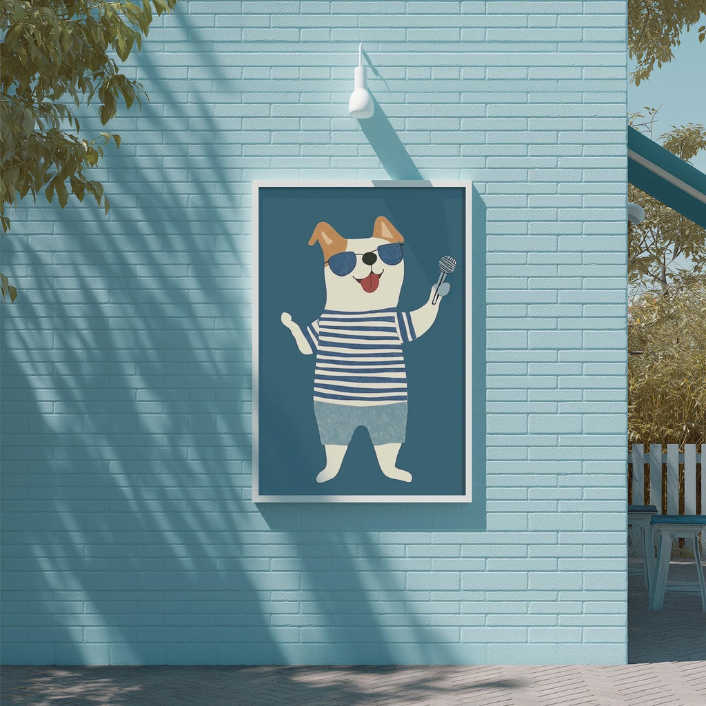 A framed illustration of a dog wearing sunglasses and a striped shirt is displayed on a blue brick wall.