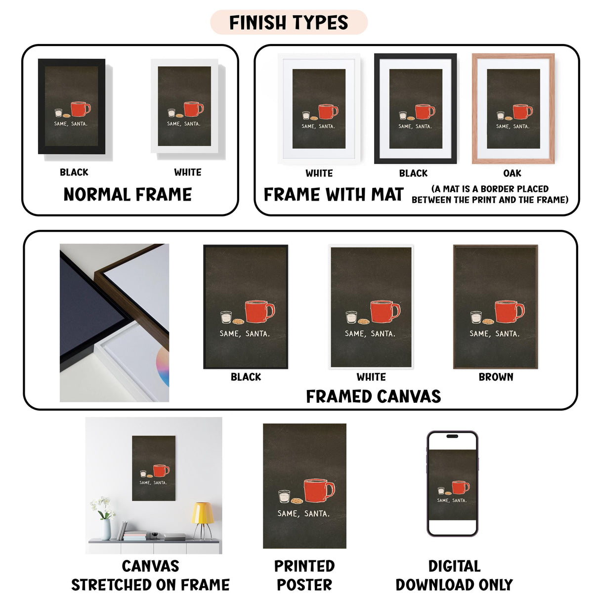various finish types for framed artwork, including canvas, stretched on frame, framed canvas, printed poster, and digital download only.
