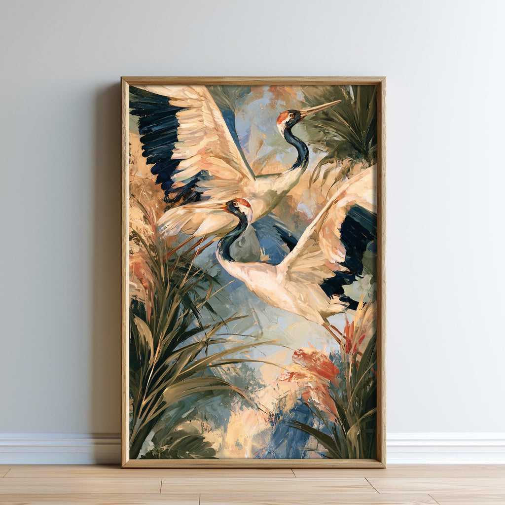 The image is a framed painting depicting two large, colorful birds in flight, surrounded by lush foliage and flowers.