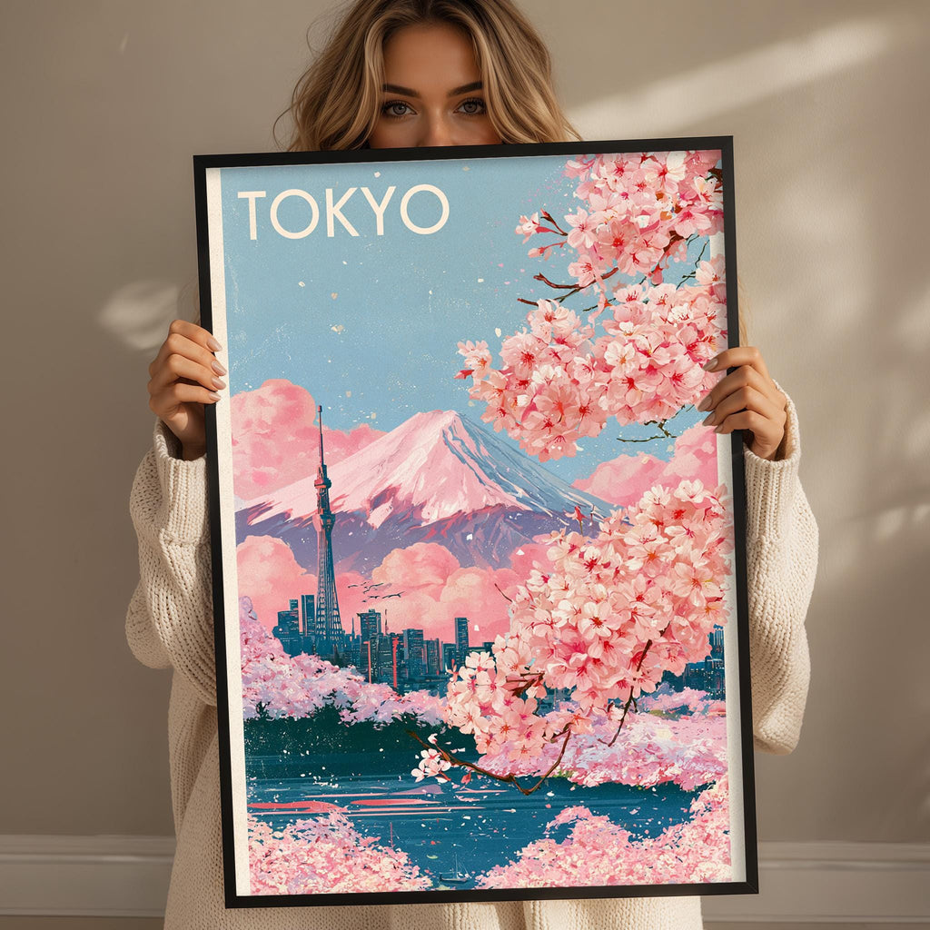A woman holds up a framed poster of a cityscape with cherry blossoms and a mountain in the background.