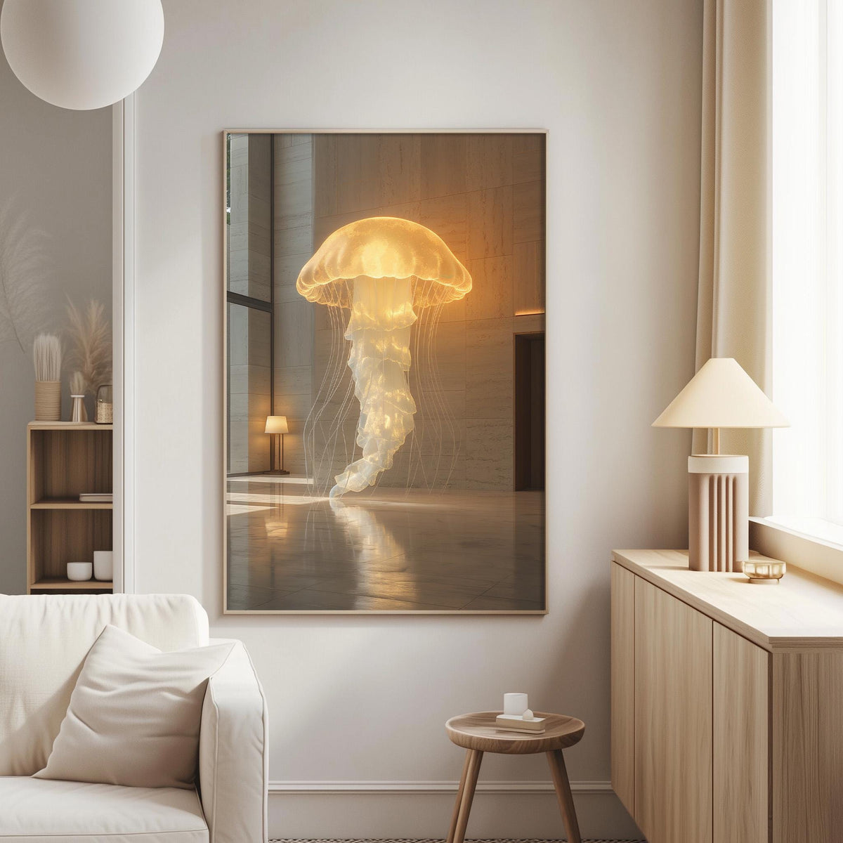 a large framed picture of a jellyfish with a glowing, ethereal appearance, hanging on a wall in a modern living room setting.