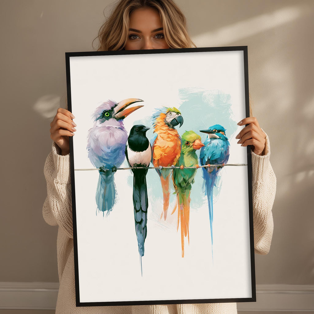 A woman is holding up a framed painting of five colorful birds perched on a wire.