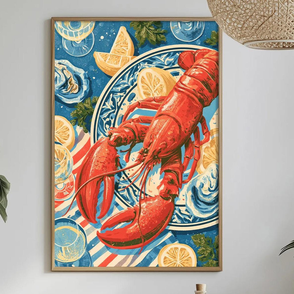 a framed painting of a lobster on a blue and white plate, surrounded by various seafood items and a decorative vase, all set against a white wall.