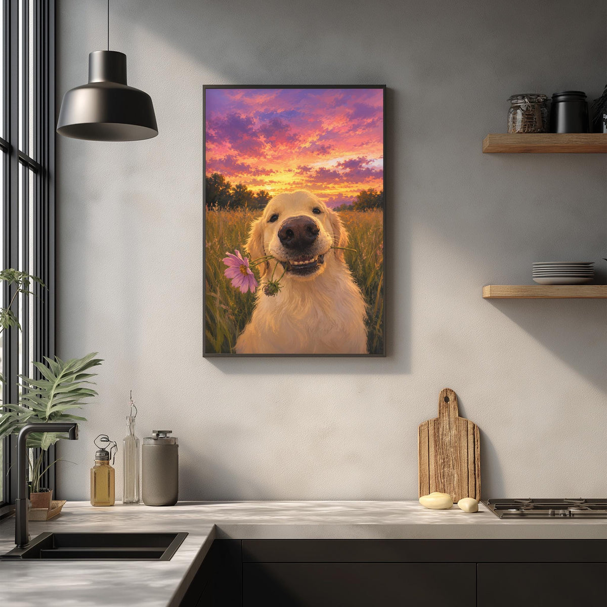 a large framed picture of a golden retriever dog with a flower in its mouth, hanging on a wall in a kitchen setting.