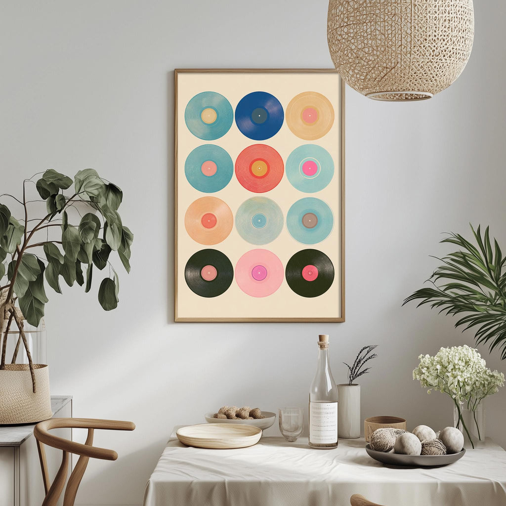 a dining table with a white tablecloth, a bowl of fruit, a bottle, and a vase with flowers. Above the table, there is a framed print of colorful circles hanging on the wall.