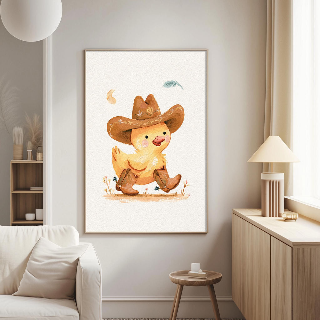 a cozy living room with a white couch, a wooden side table, and a framed illustration of a duck wearing a cowboy hat and boots.
