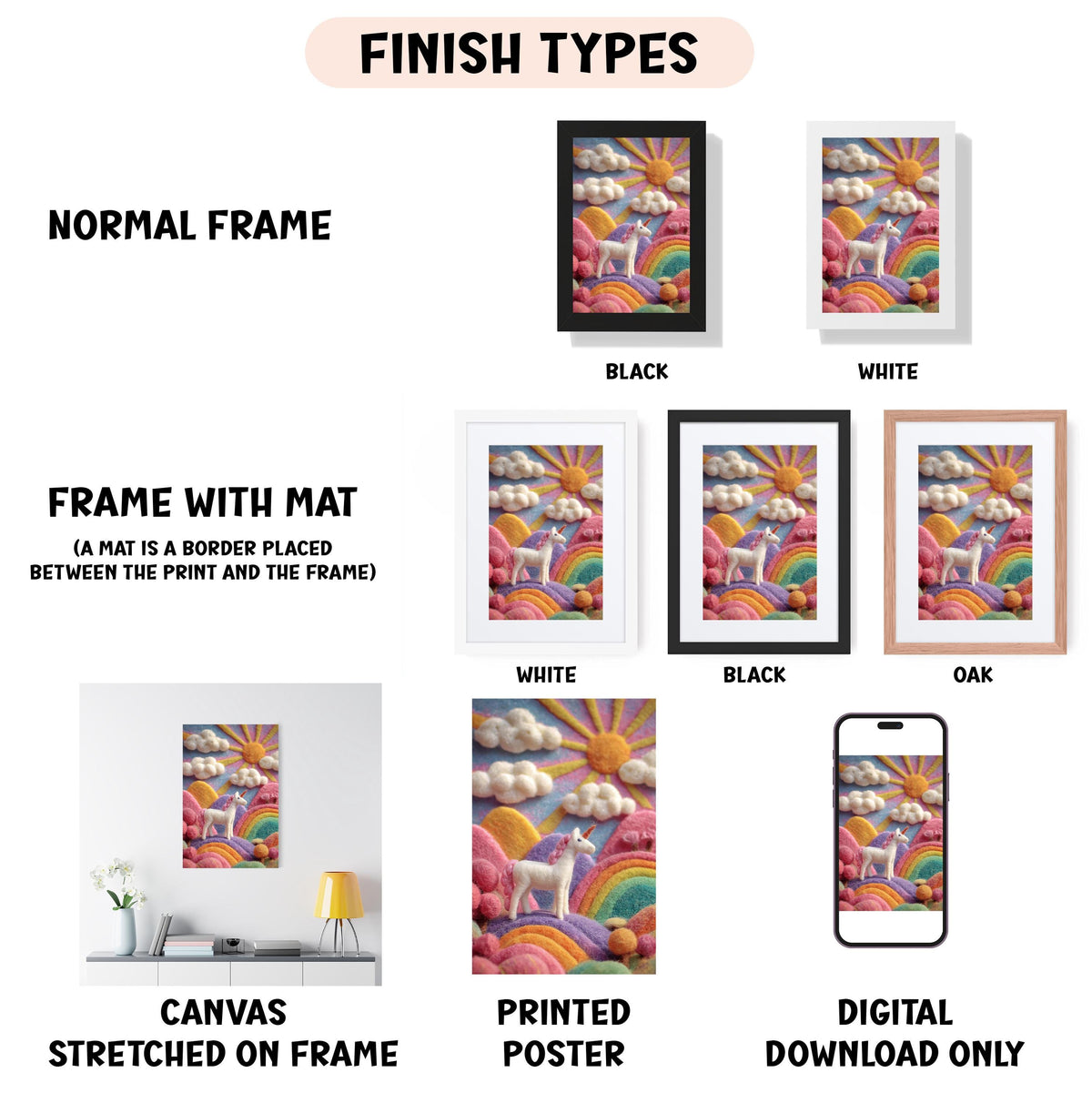 various types of artwork, including a normal frame, a frame with a mat, a white frame, a black frame, a white frame, a black frame, an oak frame, a white canvas stretched on a frame, a printed poster, and a digital download only.