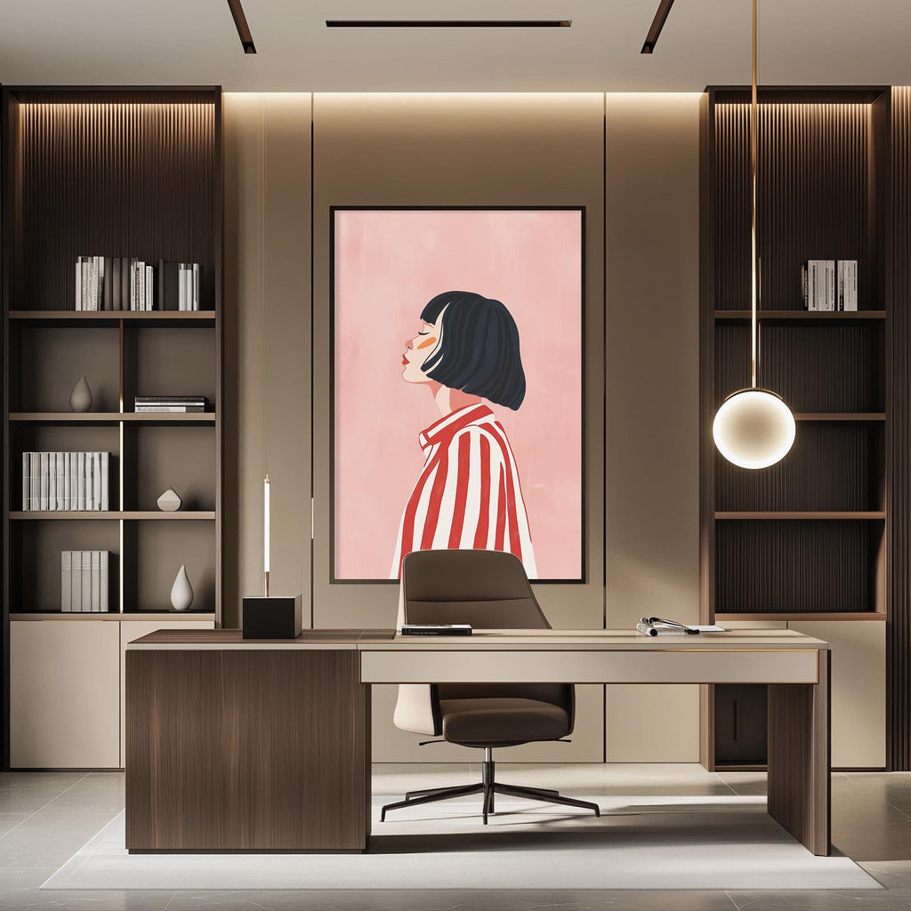a modern and stylish office space with a large framed artwork of a woman in a red and white striped shirt on the wall. The office features a wooden desk, a comfortable chair, and a bookshelf filled with books. The overall design and decor create a professional and contemporary atmosphere.