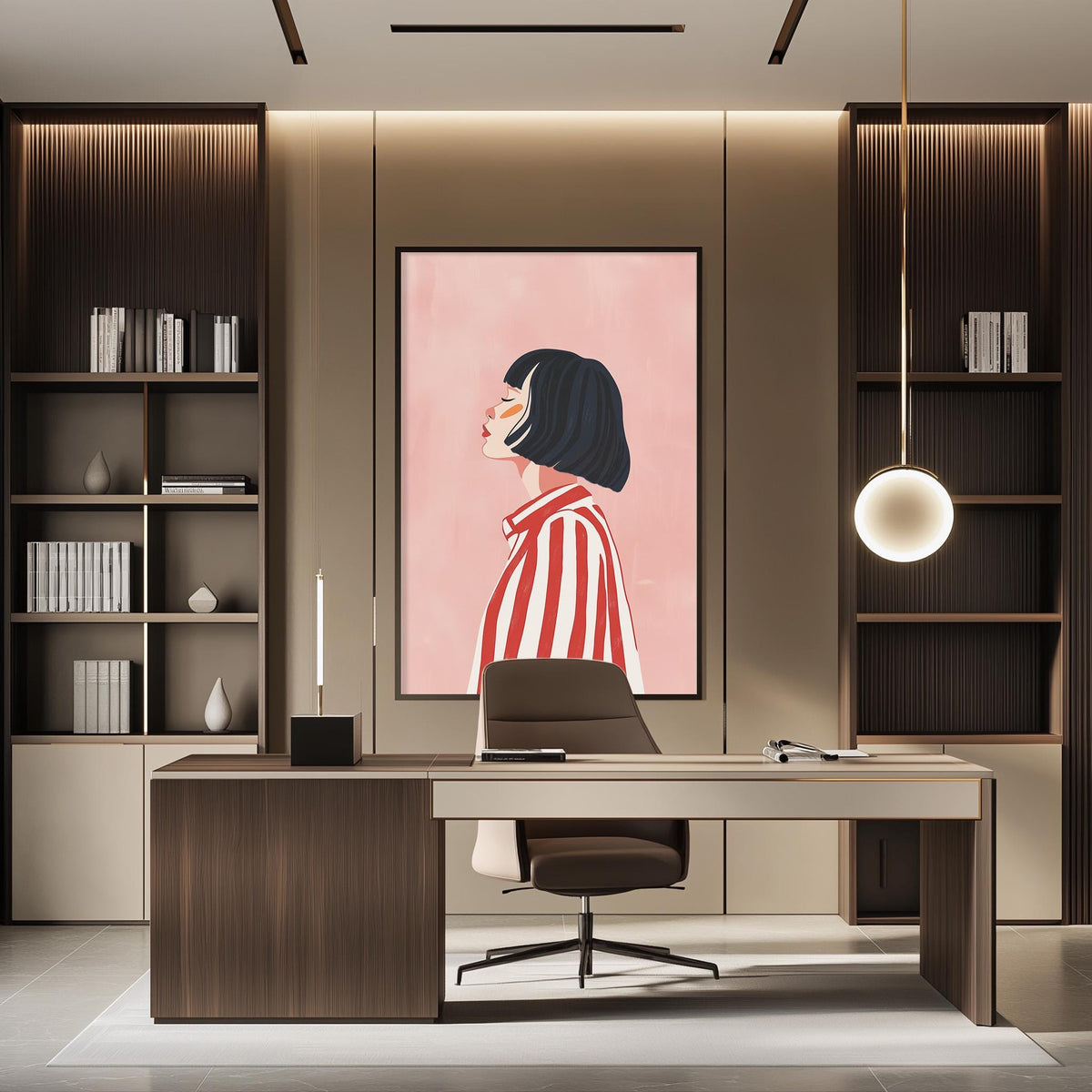 a modern and stylish office space with a large framed artwork of a woman in a red and white striped shirt on the wall. The office features a wooden desk, a comfortable chair, and a bookshelf filled with books. The overall design and decor create a professional and contemporary atmosphere.