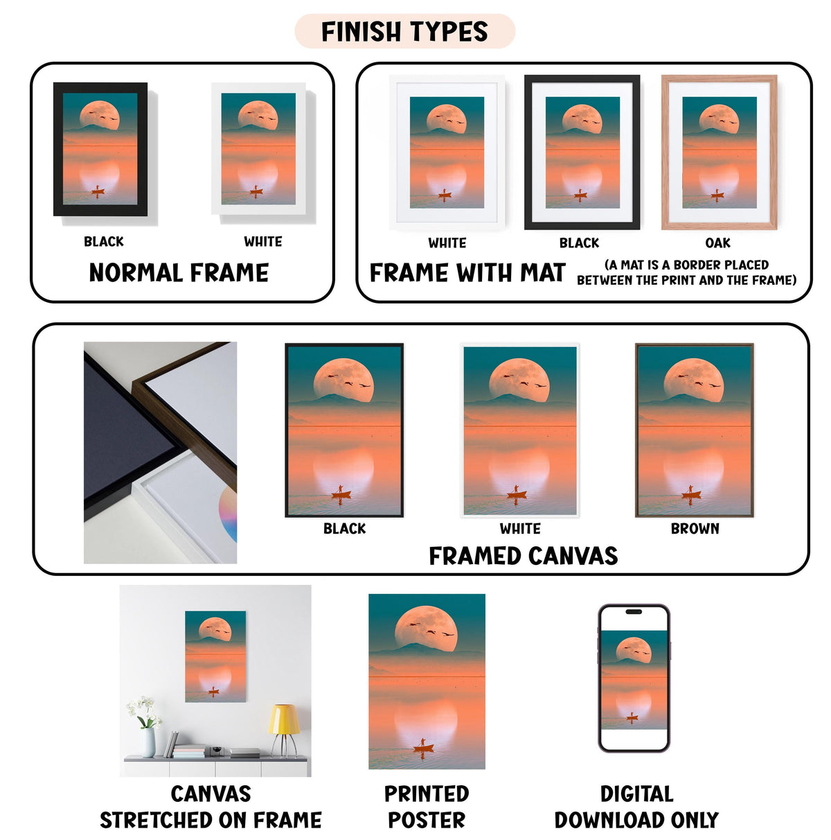various framed artworks, including paintings and photographs, with different finishes and frame types. It also includes a digital download option for the canvas and poster versions of the artworks.