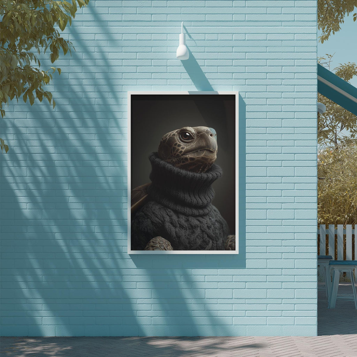 A framed photograph of a turtle wearing a sweater is displayed on a blue brick wall.