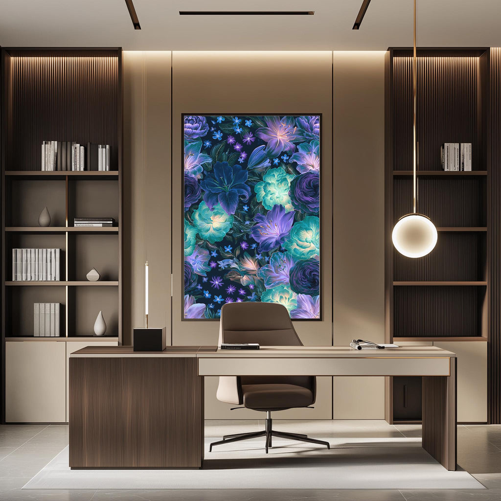 a modern and stylish home office with a large floral artwork hanging on the wall behind the desk. The desk is positioned in front of the artwork, creating a focal point in the room. The office also features built-in bookshelves and a pendant light, contributing to the overall contemporary design.