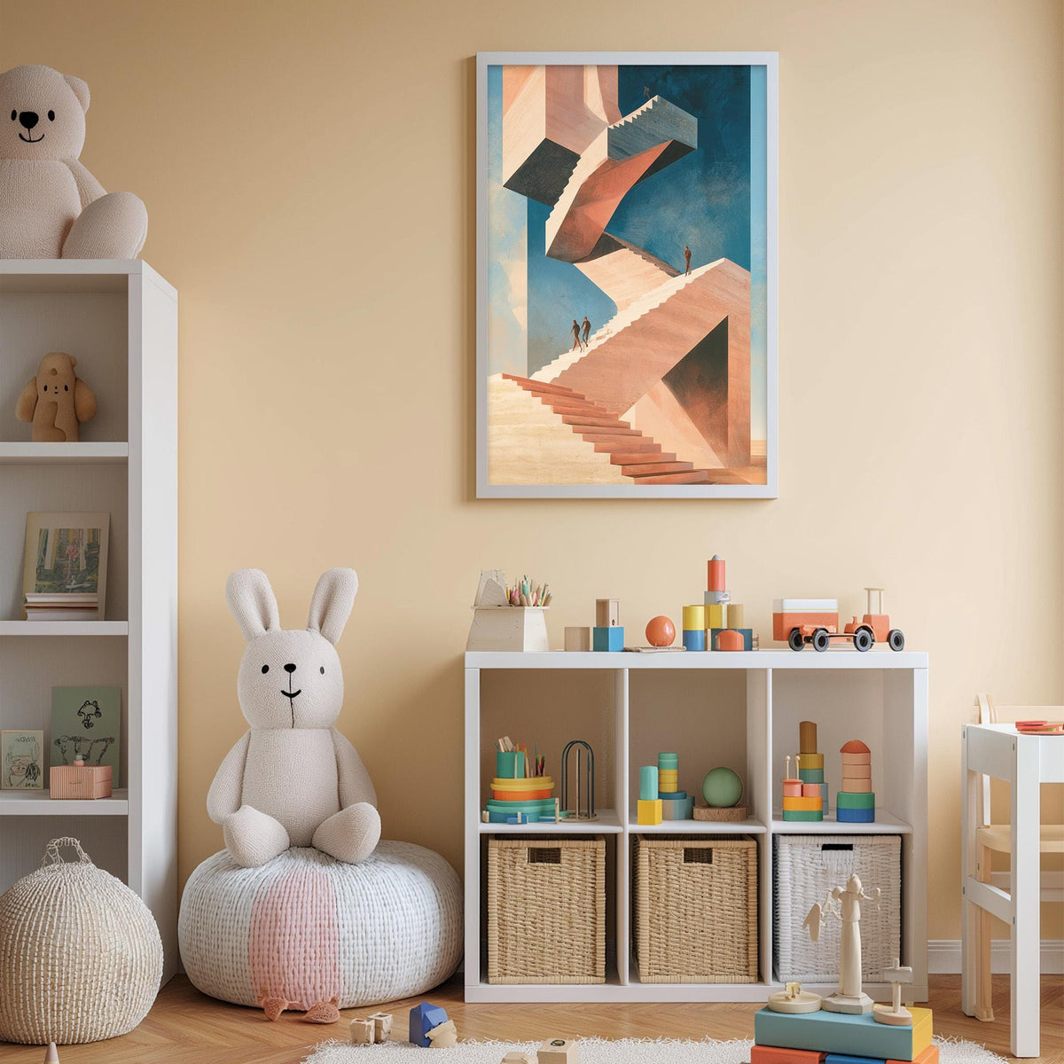 A cozy children's room with a large stuffed rabbit, a bookshelf, and a colorful abstract painting on the wall.