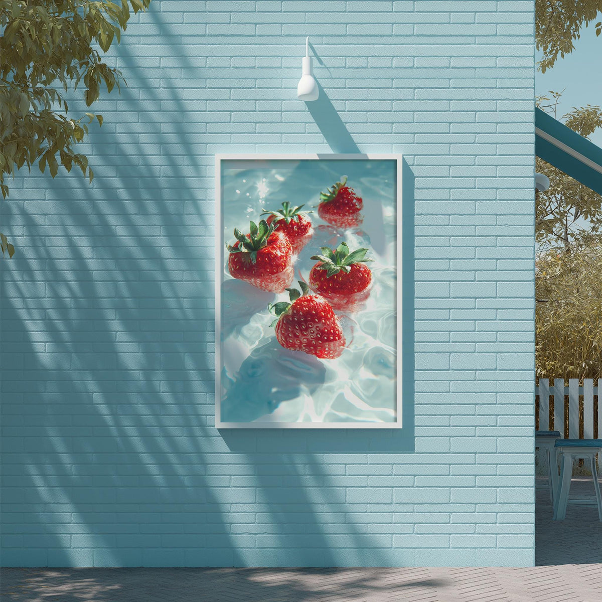 A framed image of red strawberries floating in a light blue pool is displayed on a light blue brick wall.