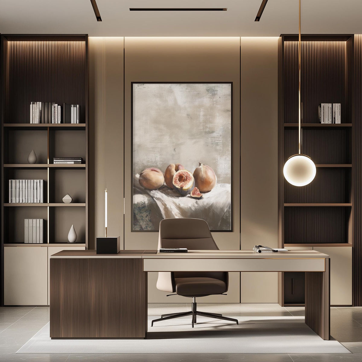 a modern and minimalist office space with a large painting of fruit on the wall, a wooden desk, and a comfortable-looking chair.