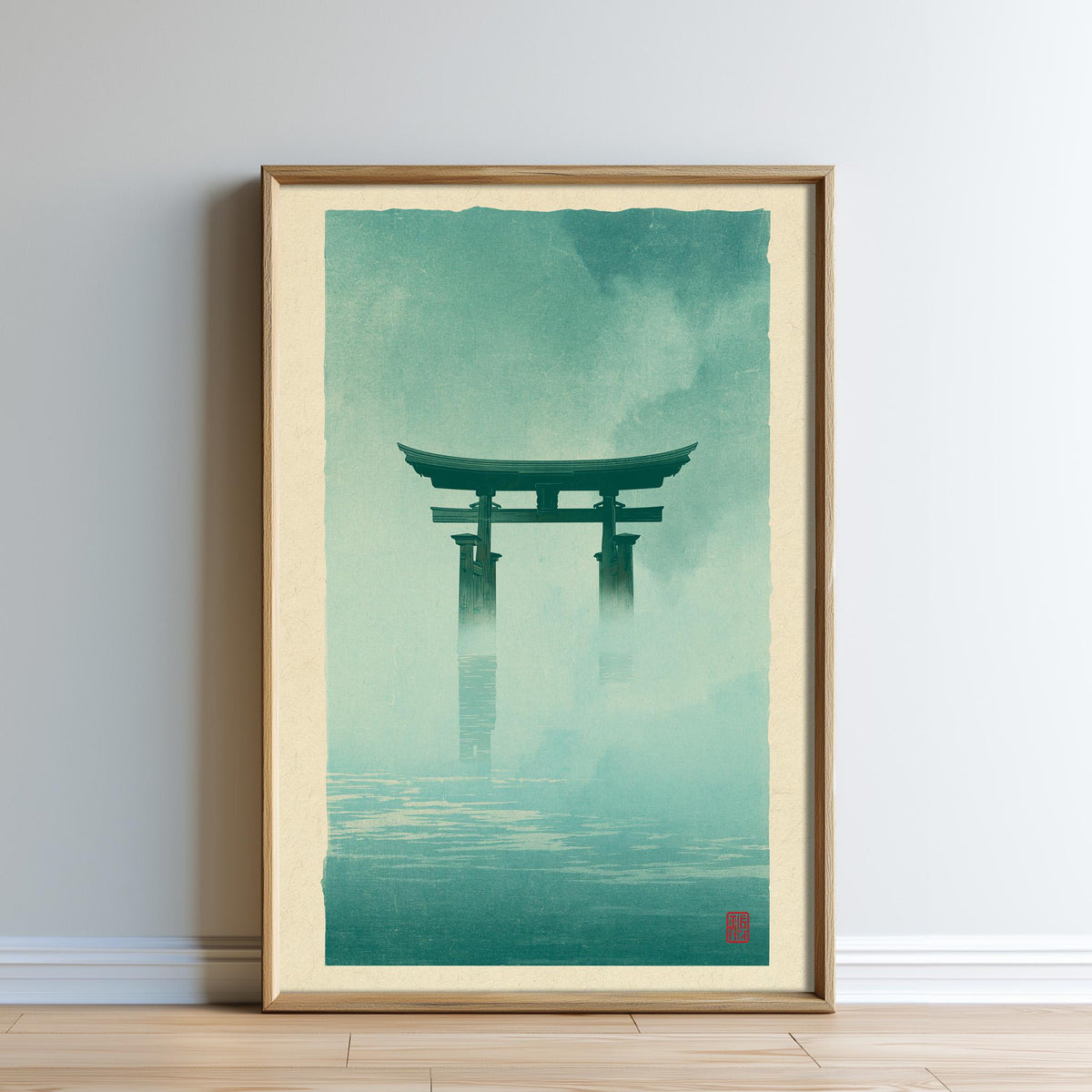 a framed poster of a torii gate, a traditional Japanese Buddhist gate, standing in a misty, serene landscape.