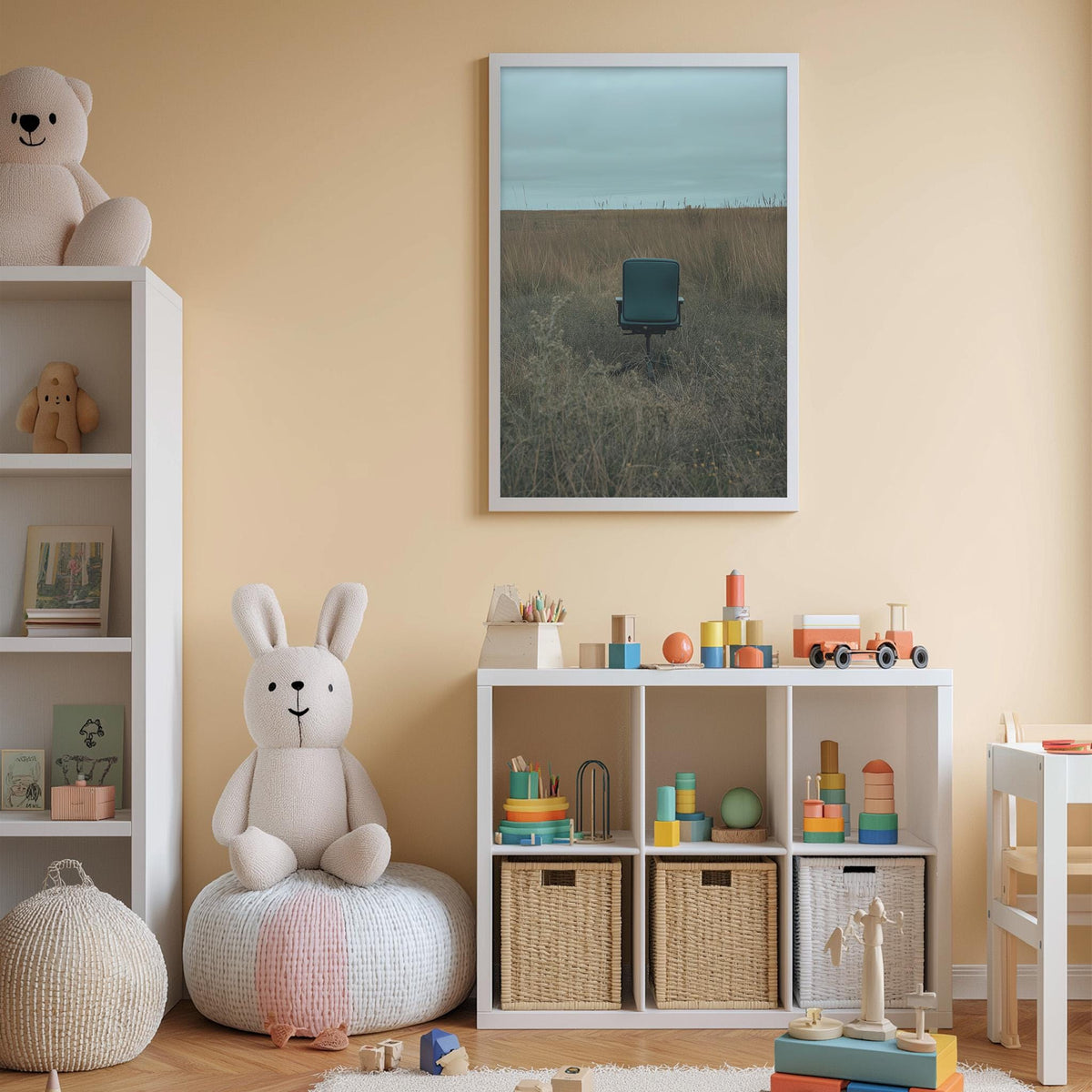 A cozy children's room with a white bookshelf, a plush rabbit, and a toy train set. The room has a warm, inviting atmosphere with a framed picture of a field and a chair on the wall.