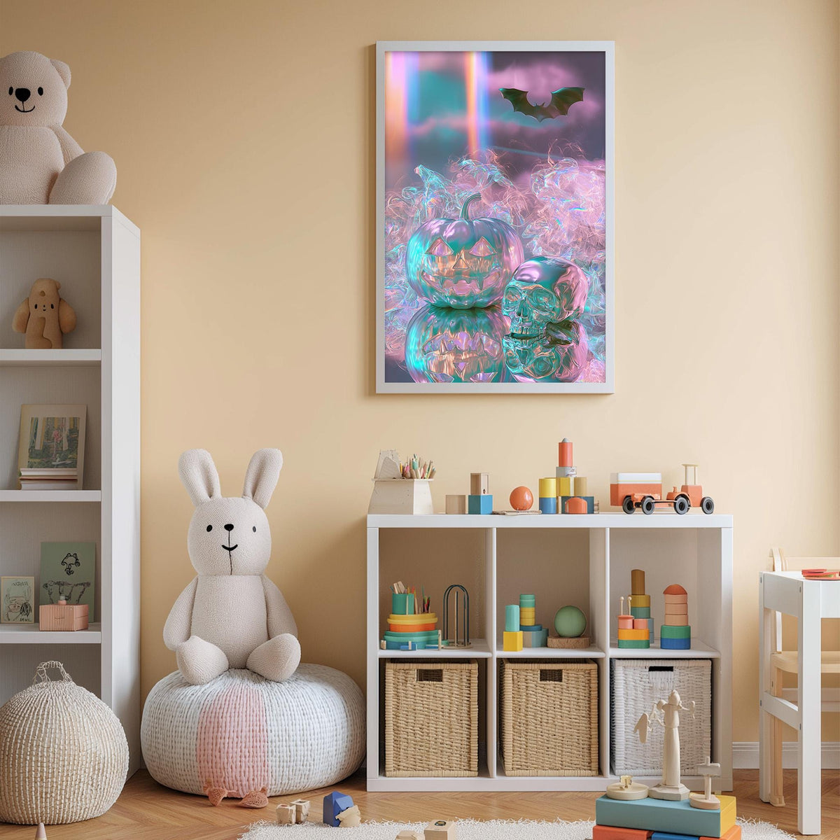 A cozy and colorful children's bedroom with a large stuffed bunny, a bookshelf, and a toy chest filled with toys. The walls are painted a light peach color, and a framed picture of pumpkins and a bat hangs on the wall.