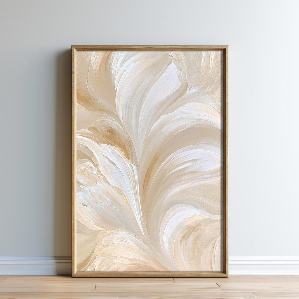 a large, abstract painting with a floral pattern in shades of beige and white. The painting is framed and displayed on a wall, creating a visually striking and artistic composition.