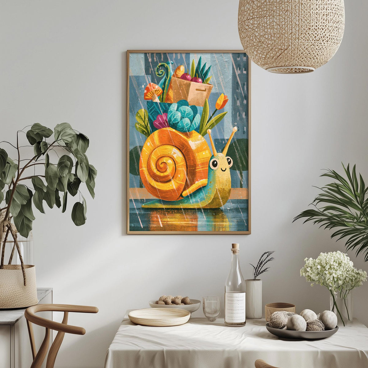 a vibrant painting of a snail on a table, surrounded by various objects such as a bowl, a bottle, and a vase.