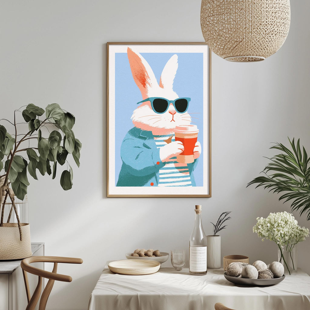 a framed illustration of a rabbit wearing sunglasses and holding a coffee cup, set against a light blue background. The rabbit is surrounded by various decorative elements, including potted plants, vases, and a dining table with a bowl and a bottle.