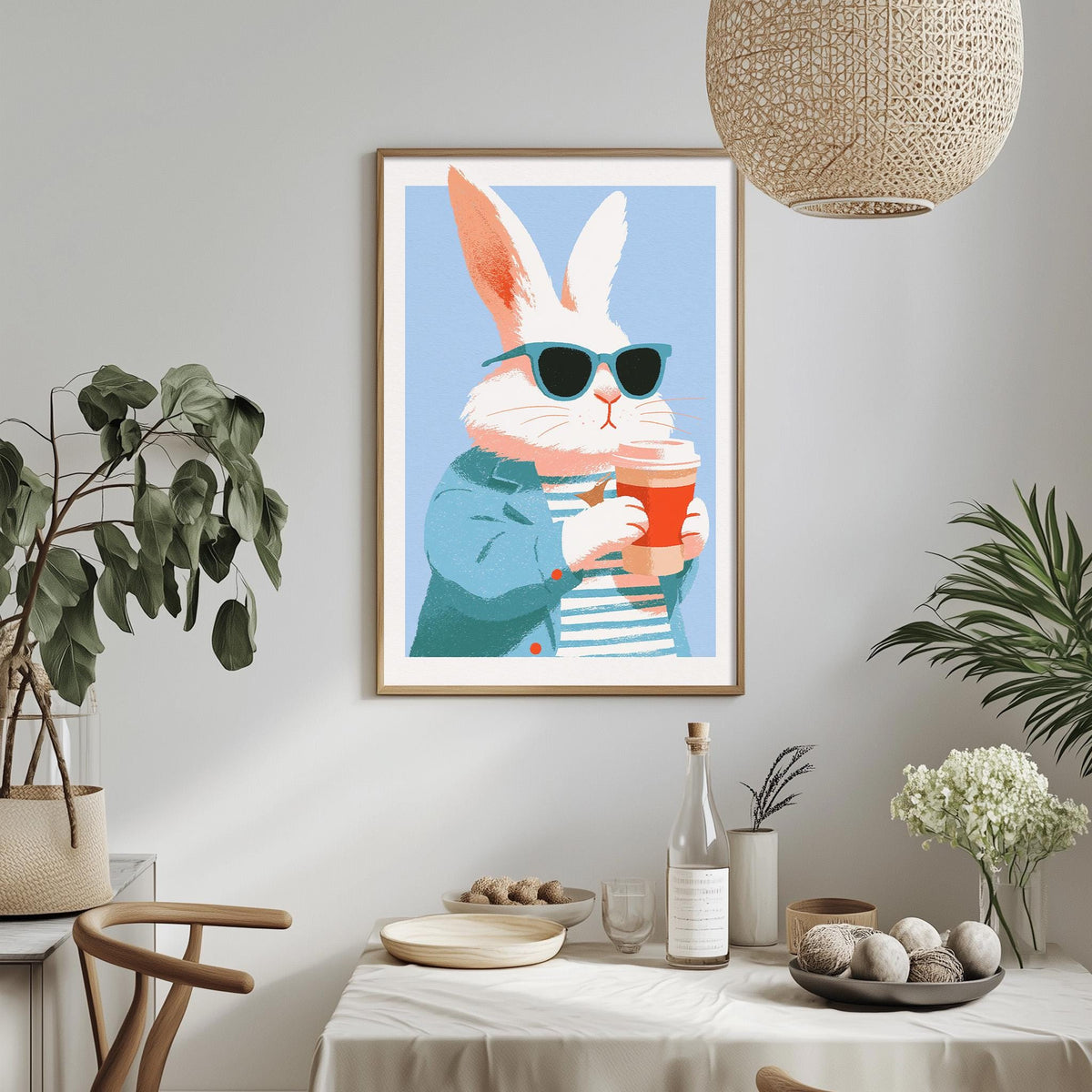 a framed illustration of a rabbit wearing sunglasses and holding a coffee cup, set against a light blue background. The rabbit is surrounded by various decorative elements, including potted plants, vases, and a dining table with a bowl and a bottle.