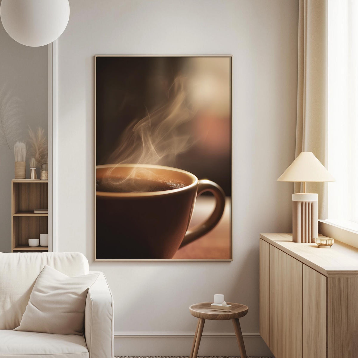 a cozy living room with a large framed picture of a steaming cup of coffee hanging on the wall.