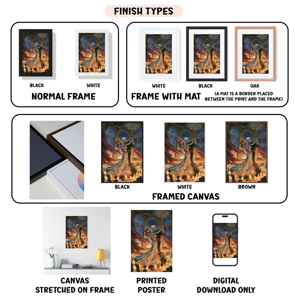 various types of artwork, including paintings, framed prints, and digital art, each with different finishes and frame styles.