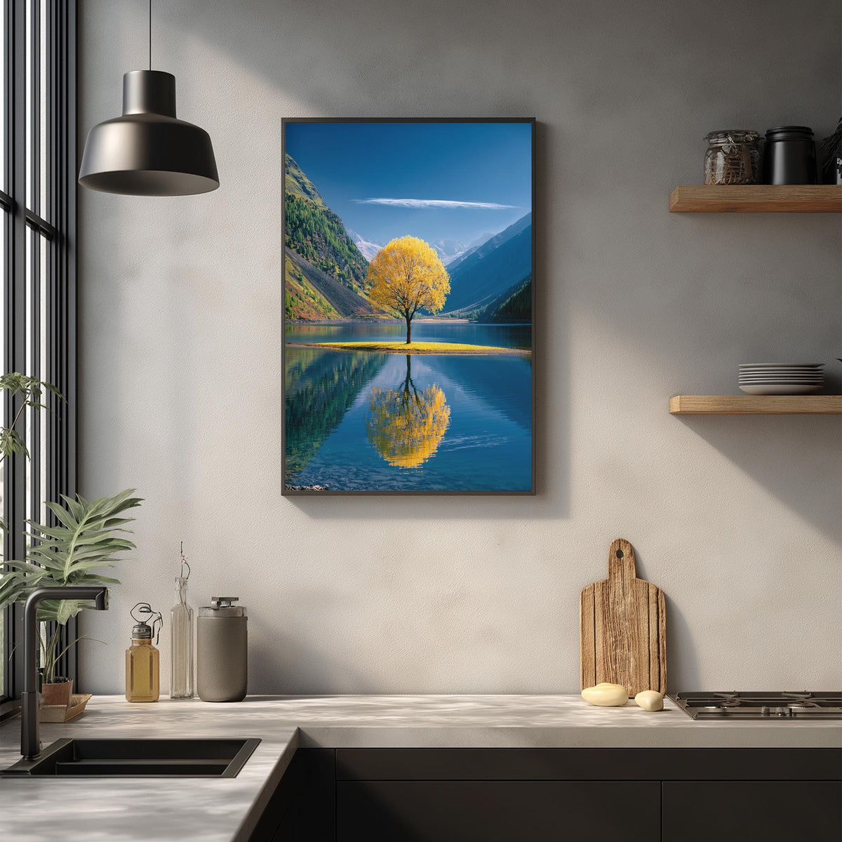 a serene kitchen scene with a framed photograph of a tree on the wall, reflecting in a calm lake. The photograph captures the tree's vibrant yellow leaves against a backdrop of a blue sky and mountains. The kitchen counter is adorned with various items, including a cutting board, a bottle, and a vase, creating a cozy and inviting atmosphere.