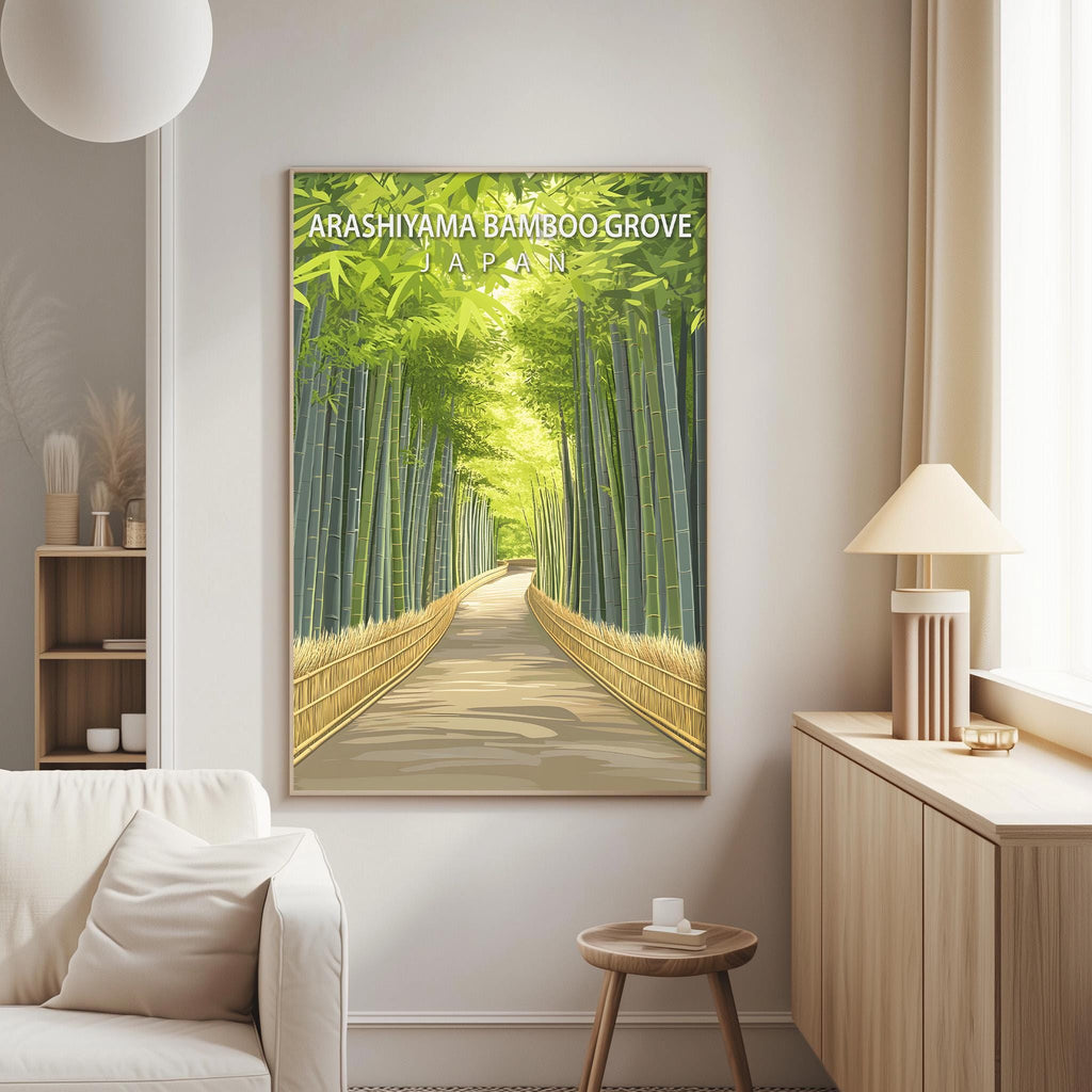 a serene bamboo forest path leading to a temple, with a wooden fence lining the path.