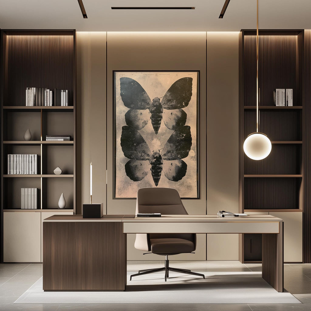 a modern and minimalist office space with a large butterfly artwork on the wall, a wooden desk with a chair, and built-in bookshelves.