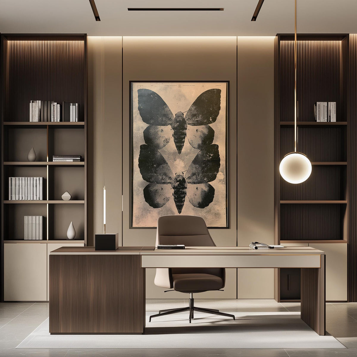a modern and minimalist office space with a large butterfly artwork on the wall, a wooden desk with a chair, and built-in bookshelves.