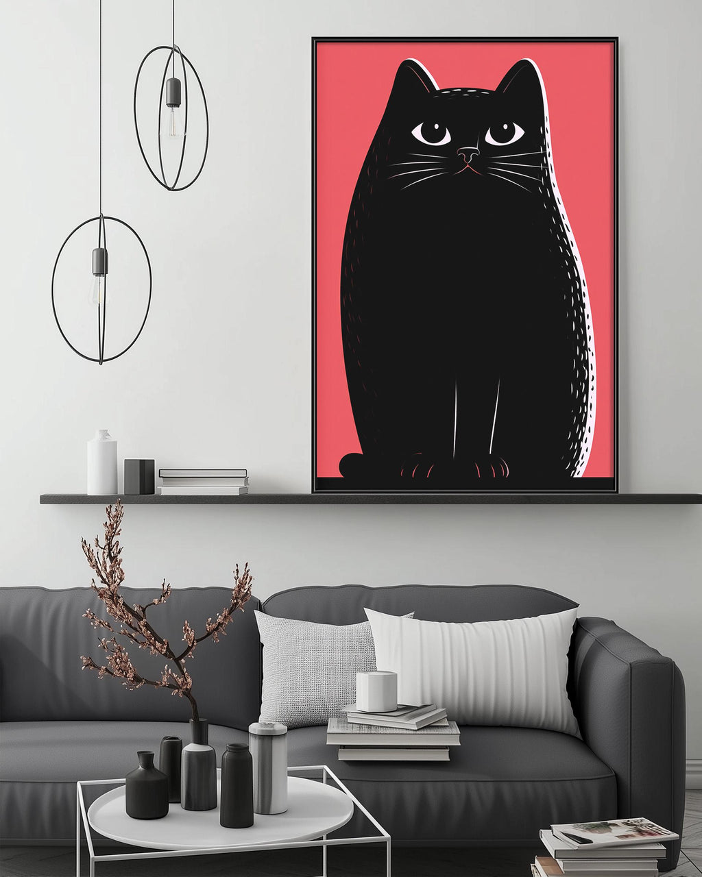 a modern living room with a gray sofa, a coffee table, and a large framed illustration of a black cat on the wall.