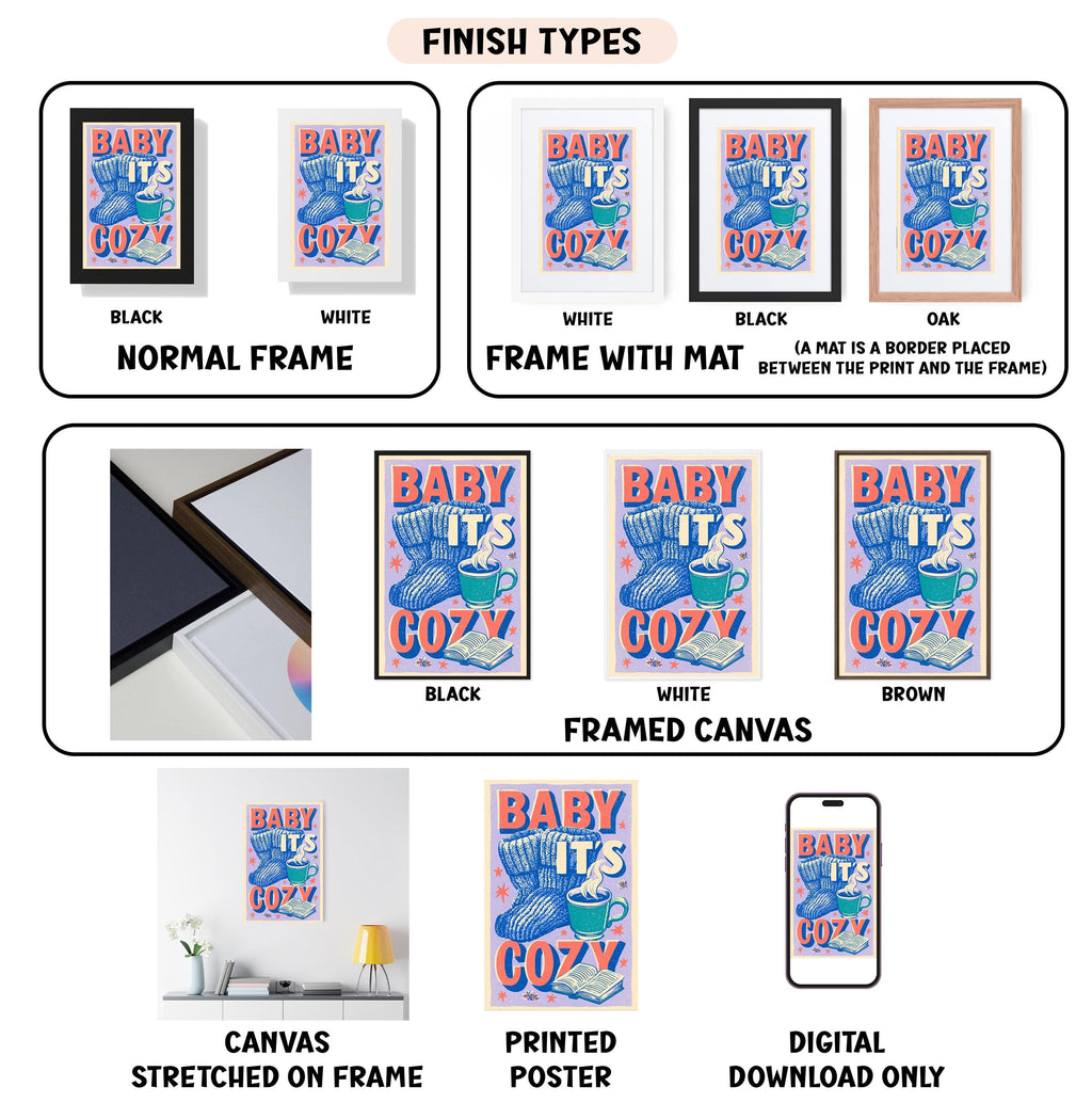 various images of a baby-themed poster or artwork, including different finishes and frame types. The text provides information about the finish types and how the artwork is presented.
