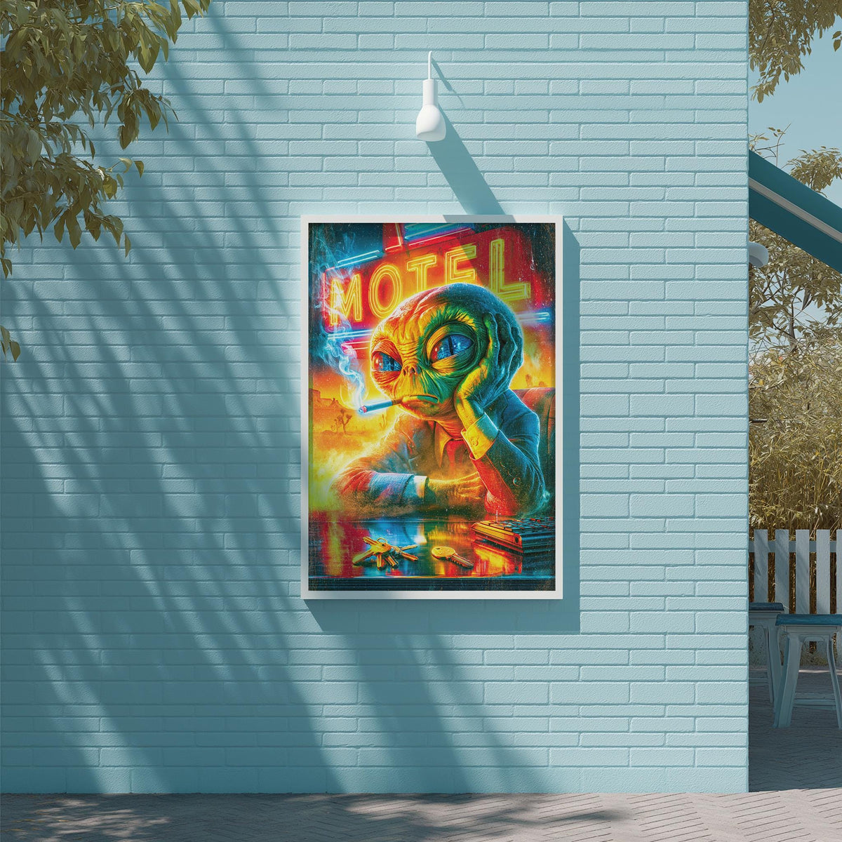 a vibrant, colorful painting of an alien character on a wall, with a neon sign that reads "MOTEL" in the background.