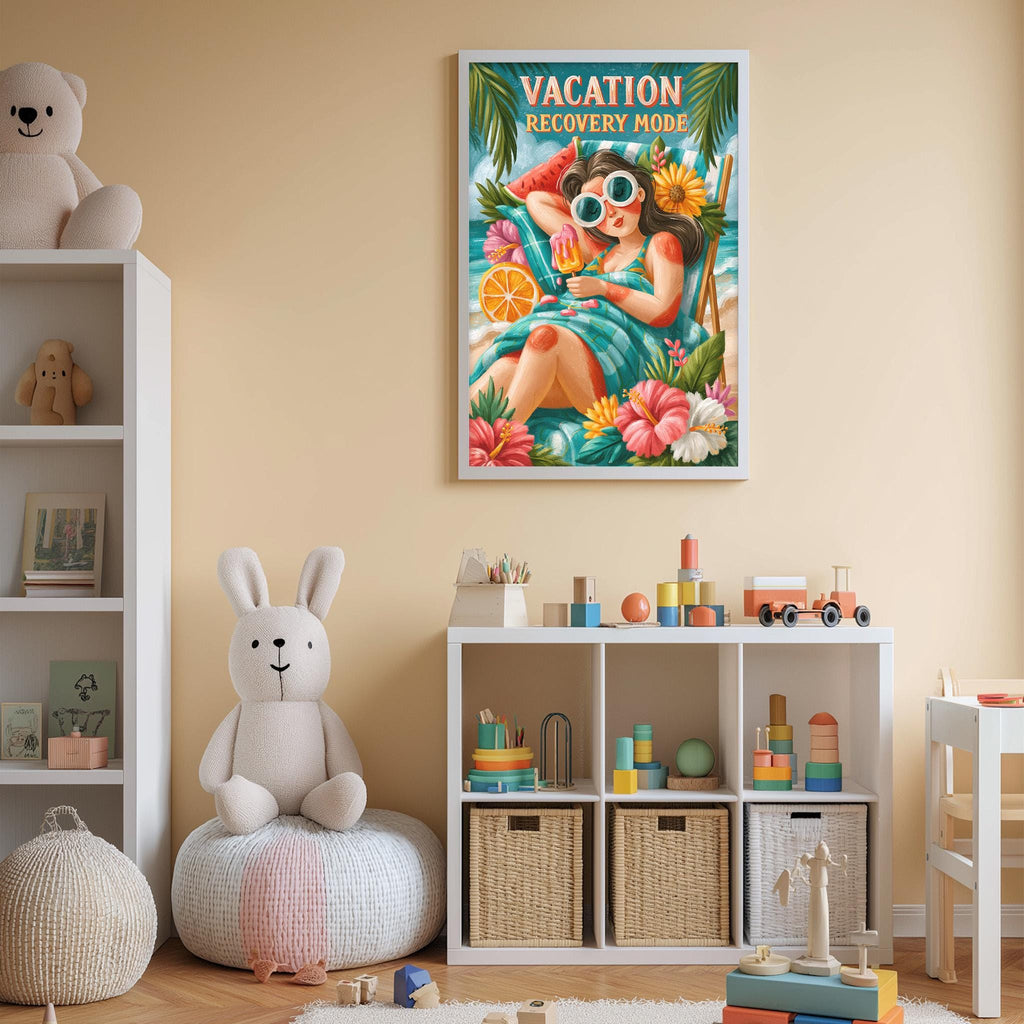 a child's bedroom with a large poster of a woman on the wall, a stuffed rabbit, a toy shelf, and a toy chest.