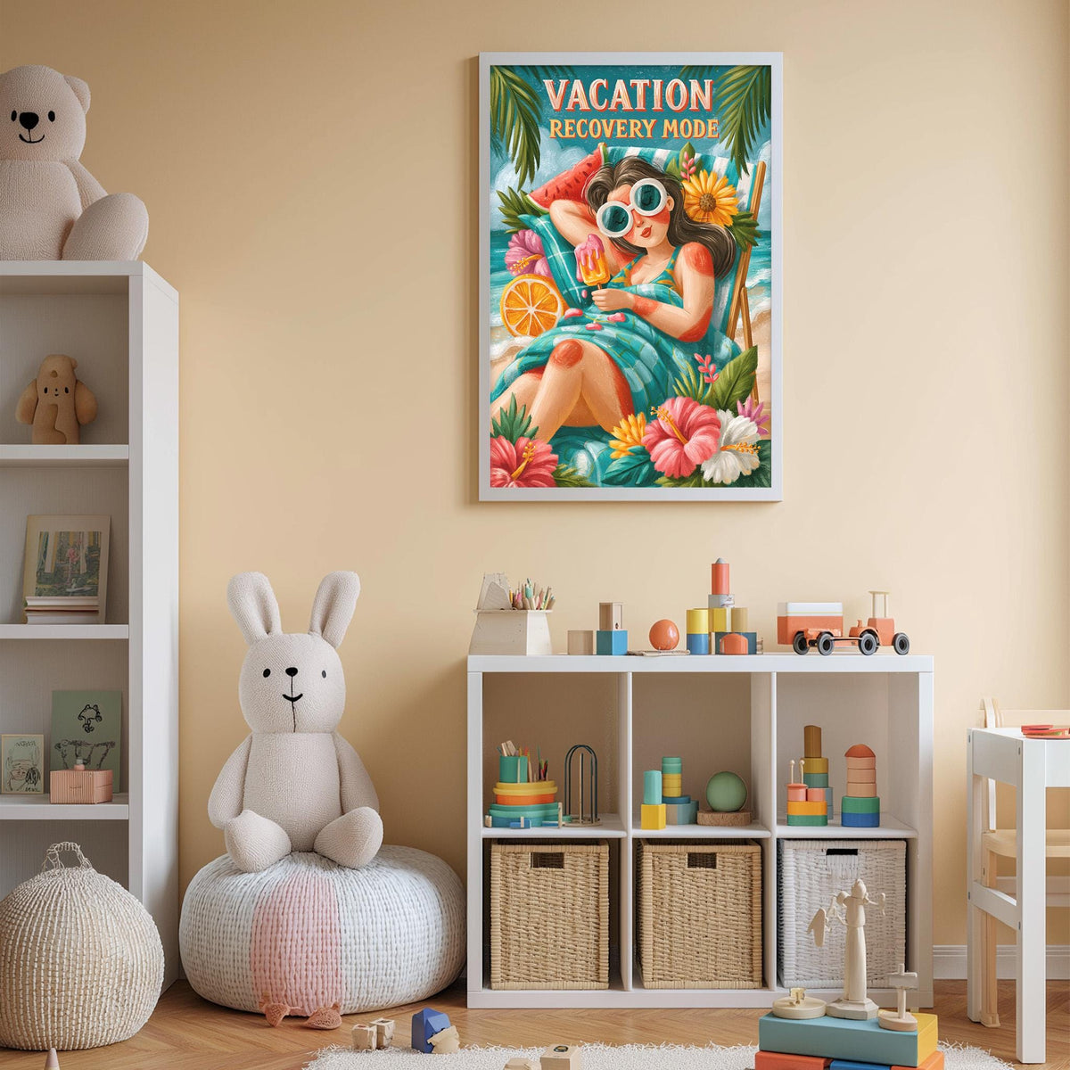 a child's bedroom with a large poster of a woman on the wall, a stuffed rabbit, a toy shelf, and a toy chest.
