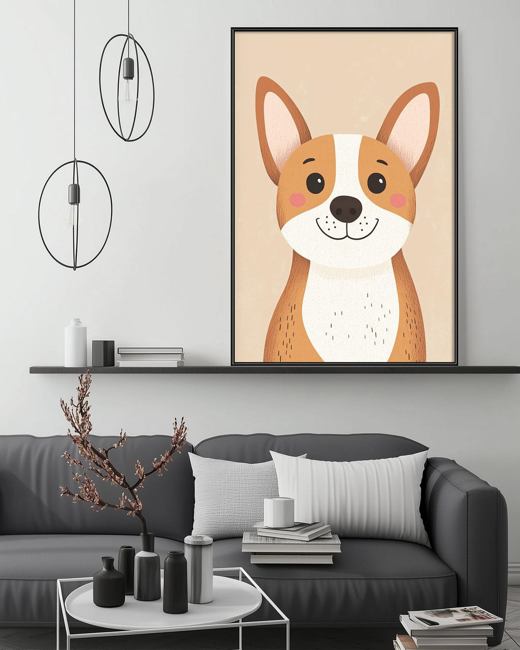 a cozy living room with a gray couch, a coffee table, and a large framed picture of a cute dog on the wall above the couch.